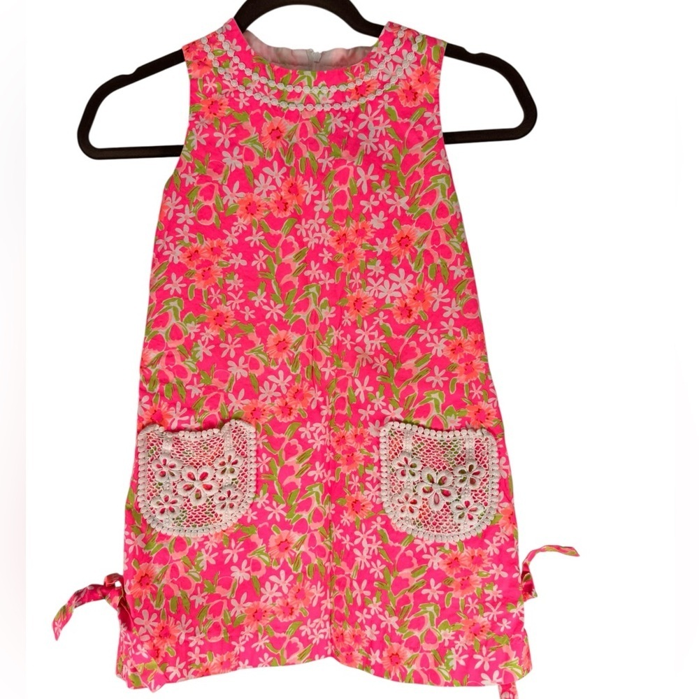 Lily Pulitzer shift dress hot pink with side ties 7 crochet pockets